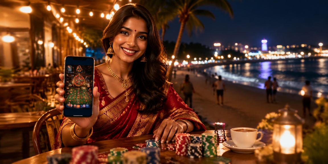 Indian woman using mobile casino app at night