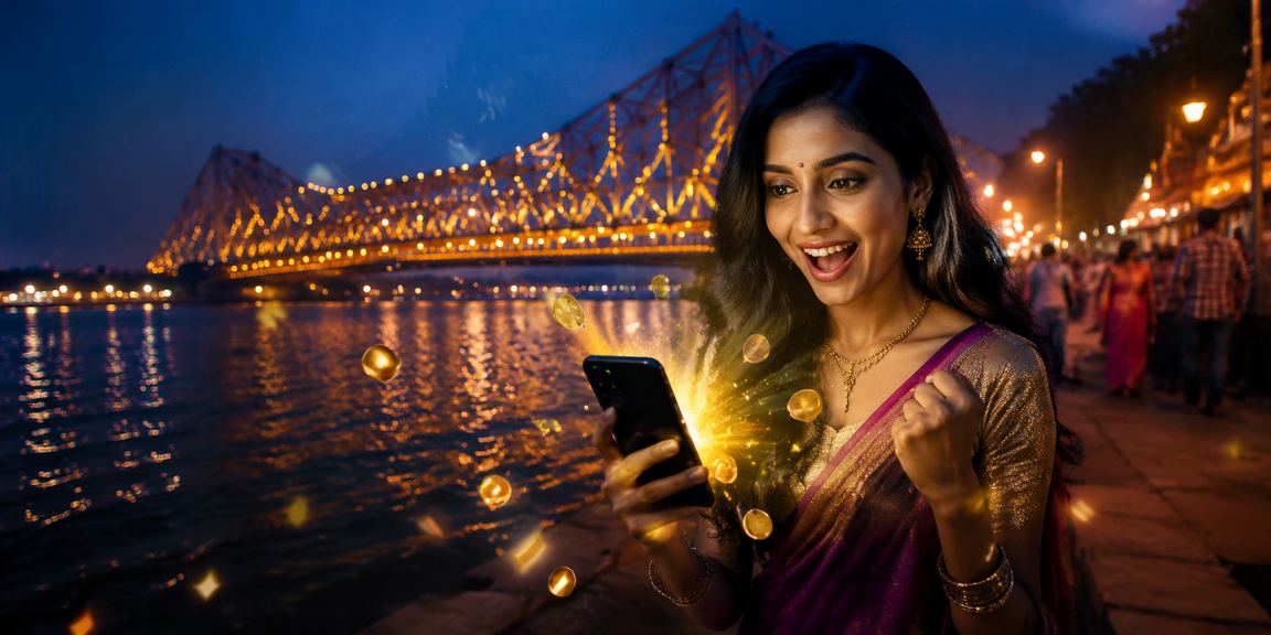 User logging in on mobile device with Howrah Bridge in background