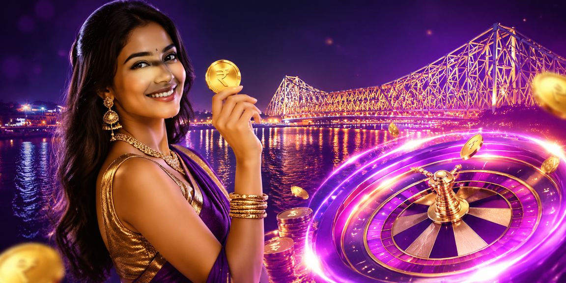 Evening view of Howrah Bridge with neon casino and rupee symbols